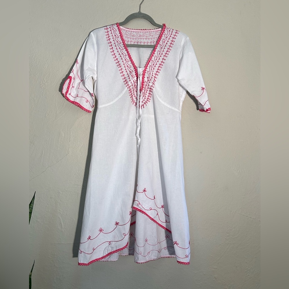 White Dress/Cover Up with Pink Embroidery